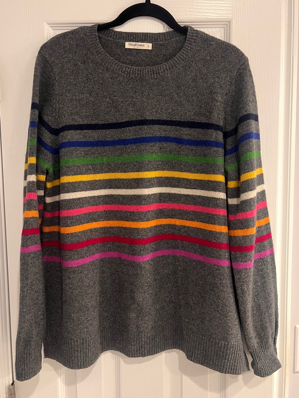 WoolOvers Lambswool Grey Rainbow Striped Crewneck Sweater Dopamine Dressing L
